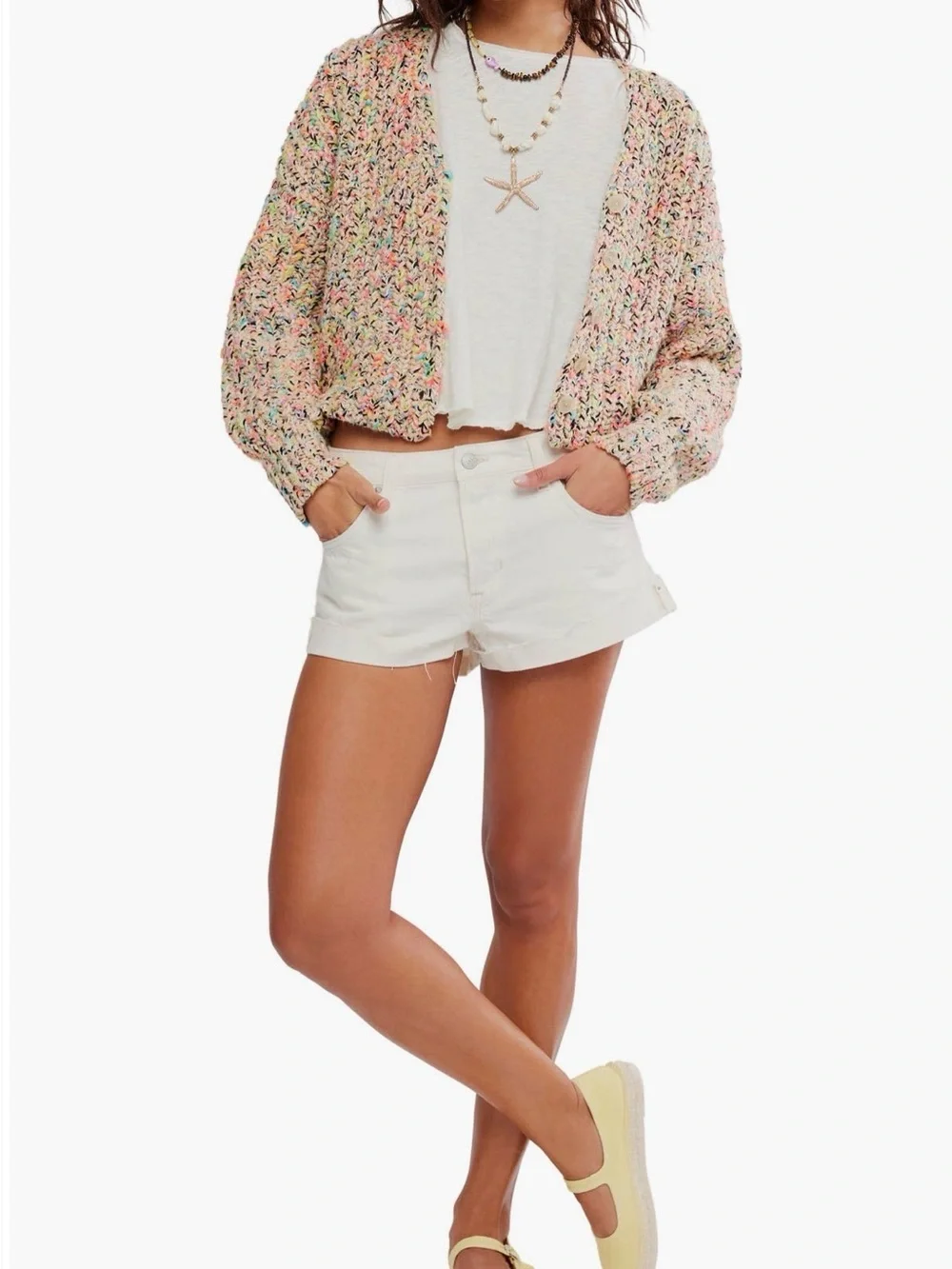 Free People Cream Multicolor Speckled Cropped Cardigan - NWT - Picture 1 of 10